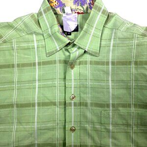 Carlo Colucci Mens Green Plaid Button-Up Shirt W/ Floral Lining Size Medium
